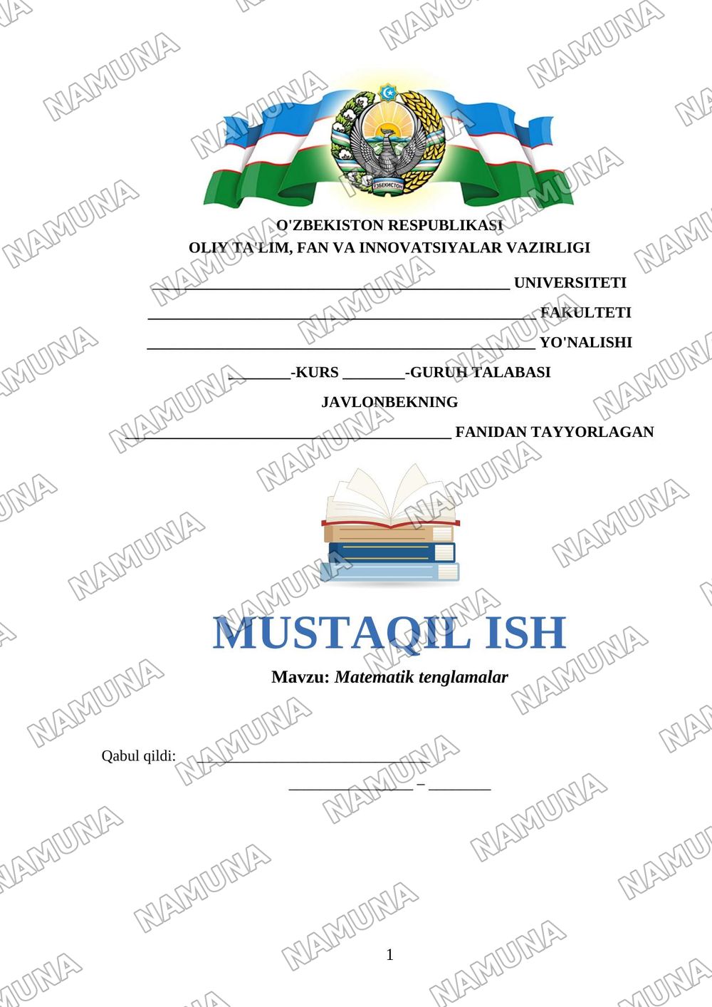 Matematik tenglamalar — mustaqil ish, 1-varaq