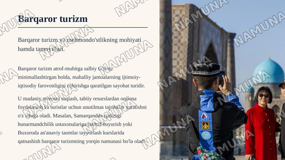 Õzbekiston sharoitida barqaror turizm va mehmondõstlikda rivojlanish istiqbollarini tahlil qilish — zamonaviy taqdimot, 3-slayd