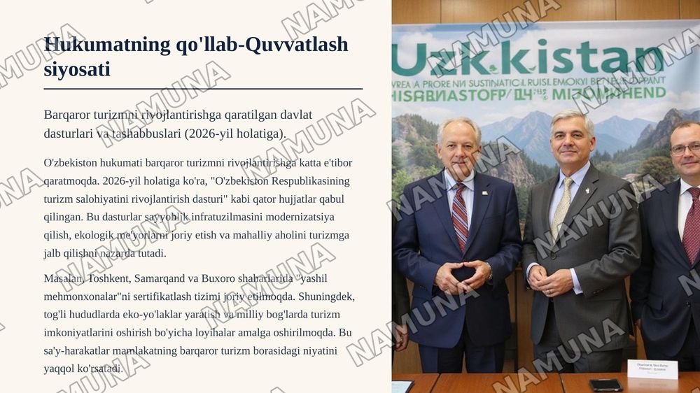 Õzbekiston sharoitida barqaror turizm va mehmondõstlikda rivojlanish istiqbollarini tahlil qilish — zamonaviy taqdimot, 7-slayd