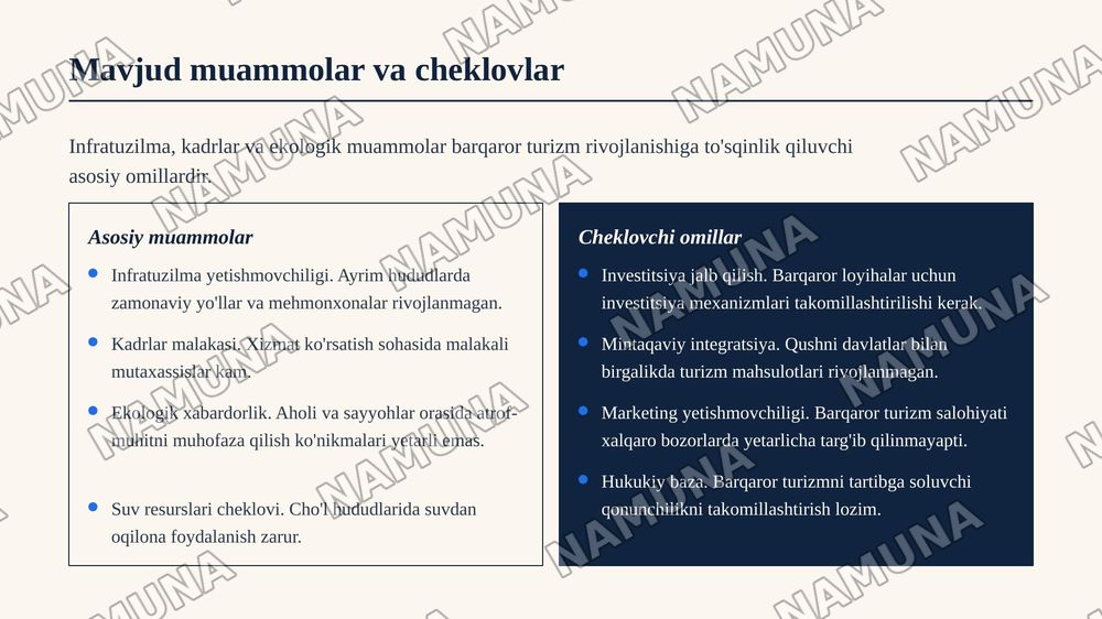 Õzbekiston sharoitida barqaror turizm va mehmondõstlikda rivojlanish istiqbollarini tahlil qilish — zamonaviy taqdimot, 8-slayd