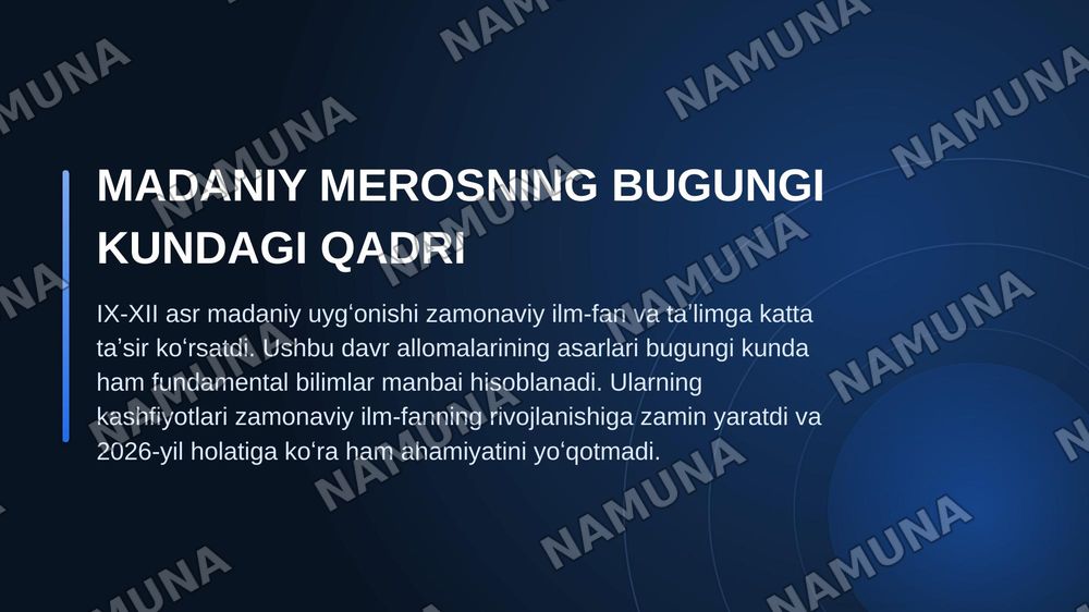 IX-XII asrlarda mamlakatimiz hududida ro’y bergan madaniy uyg’onish (Renesans) Buyuk allomalarning jahon sivilizatsiyasiga qo’shgan hissasi — zamonaviy taqdimot, 6-slayd