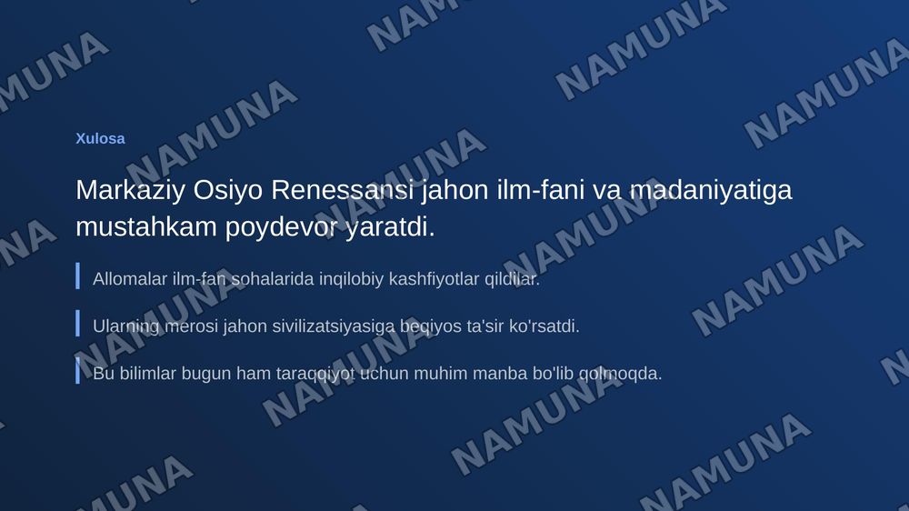IX-XII asrlarda mamlakatimiz hududida ro’y bergan madaniy uyg’onish (Renesans) Buyuk allomalarning jahon sivilizatsiyasiga qo’shgan hissasi — zamonaviy taqdimot, 7-slayd