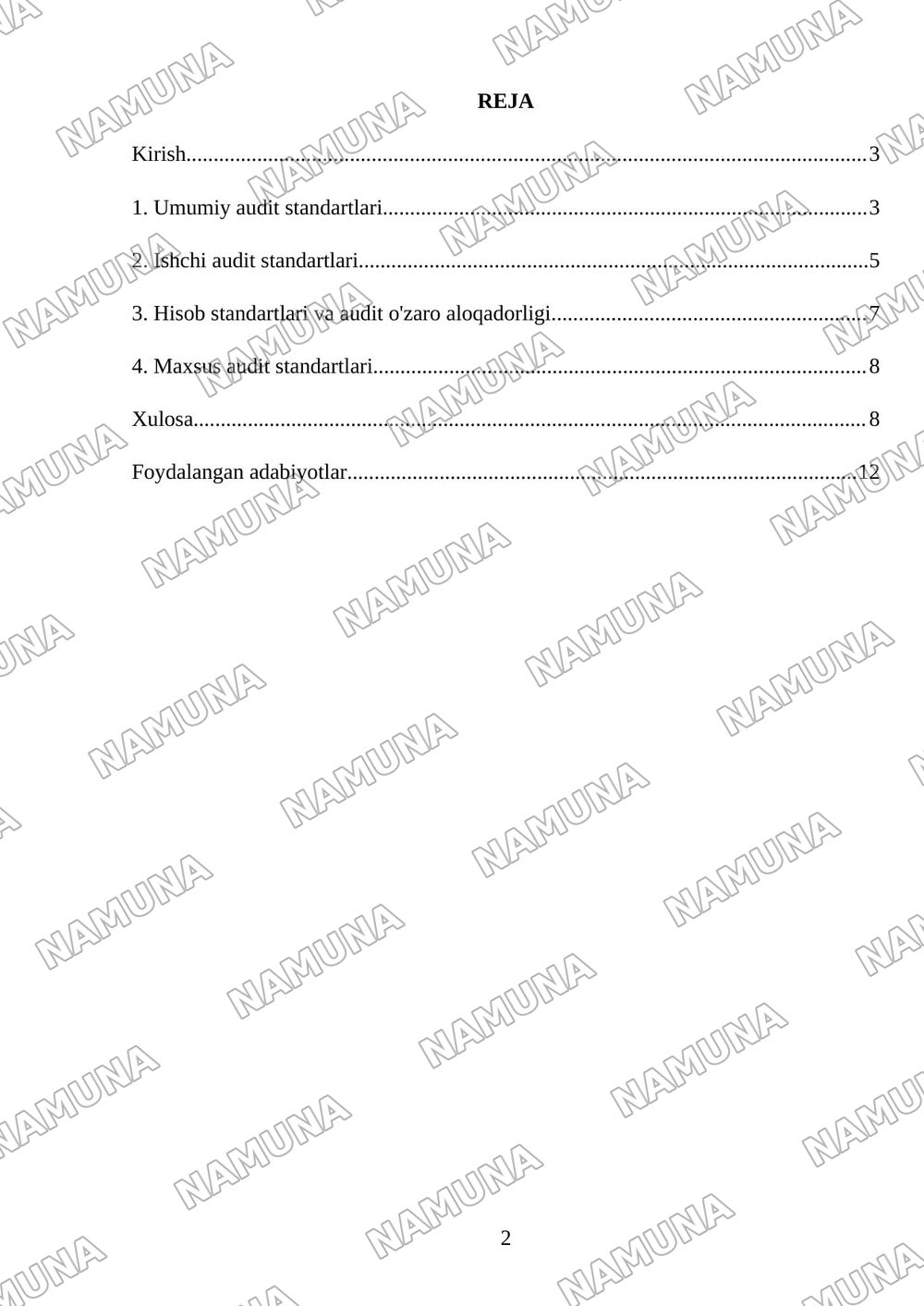 Audit standartlarining turlari: umumiy standartlar, ishchi standartlar, hisob standartlari, maxsus standartlar. — mustaqil ish, 2-varaq