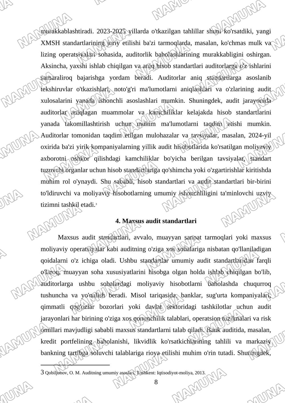 Audit standartlarining turlari: umumiy standartlar, ishchi standartlar, hisob standartlari, maxsus standartlar. — mustaqil ish, 8-varaq