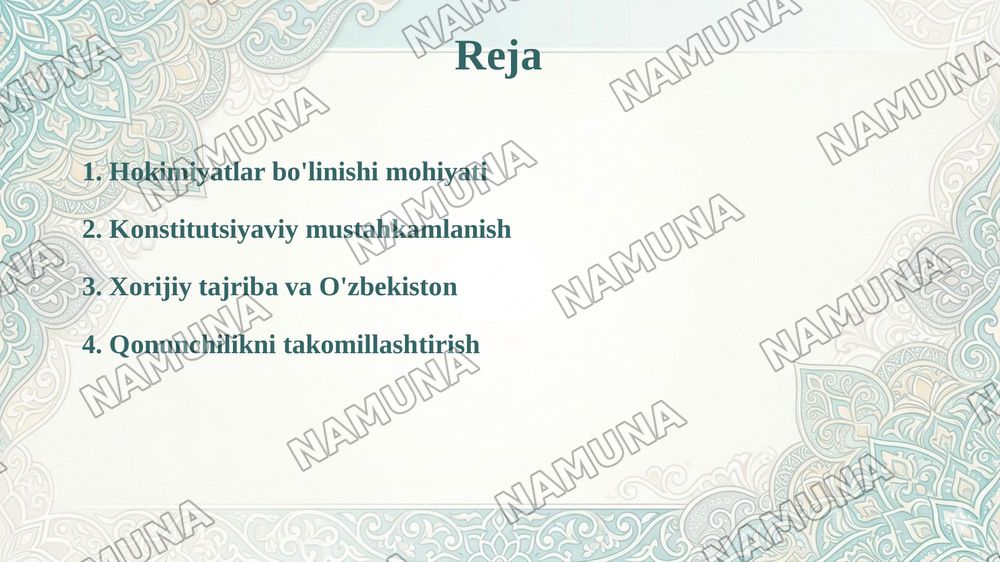 Hokimiyatlar bo‘linishi printsipi va uning konstitutsiyaviy mustahkamlanishini tahlil qilish — taqdimot, 2-slayd