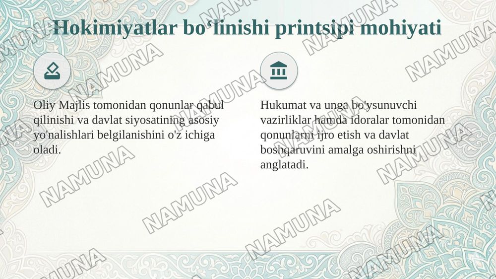 Hokimiyatlar bo‘linishi printsipi va uning konstitutsiyaviy mustahkamlanishini tahlil qilish — taqdimot, 4-slayd