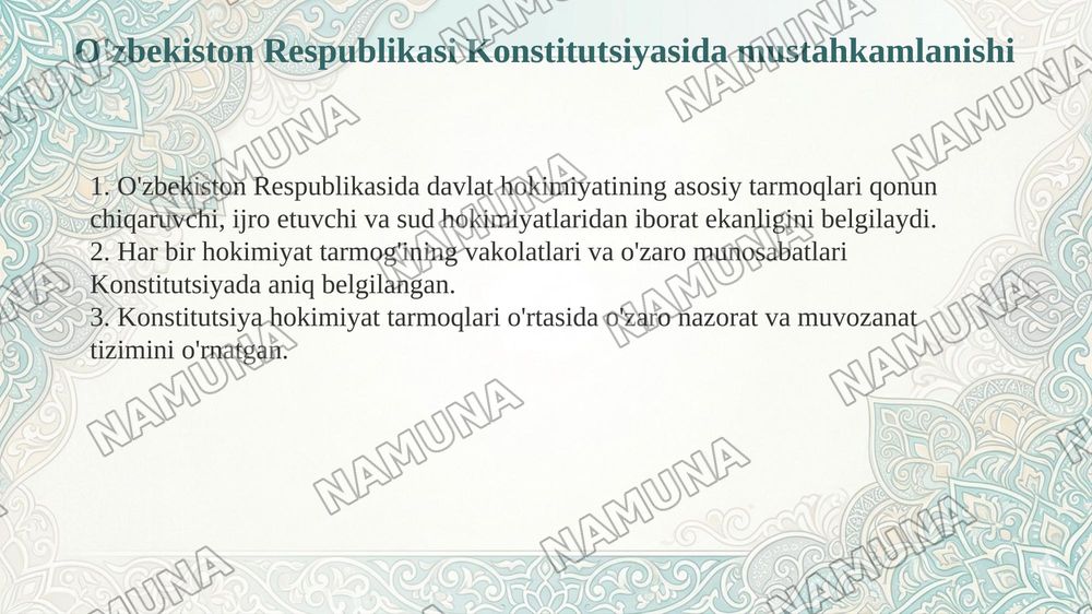 Hokimiyatlar bo‘linishi printsipi va uning konstitutsiyaviy mustahkamlanishini tahlil qilish — taqdimot, 8-slayd