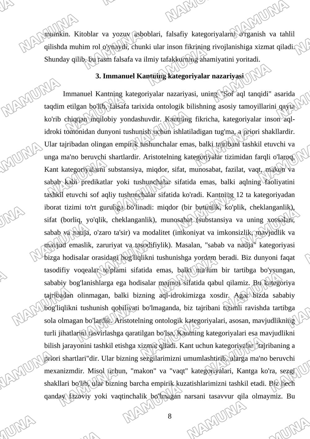 Aristotel farobiy va kant ontalogiyasida kotigoriyalar tasnifi — mustaqil ish, 8-varaq