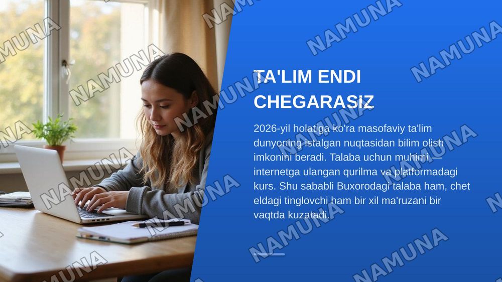 Masofaviy taʼlim imkoniyatlari, afzalliklari va elektron darsliklar — zamonaviy taqdimot, 3-slayd