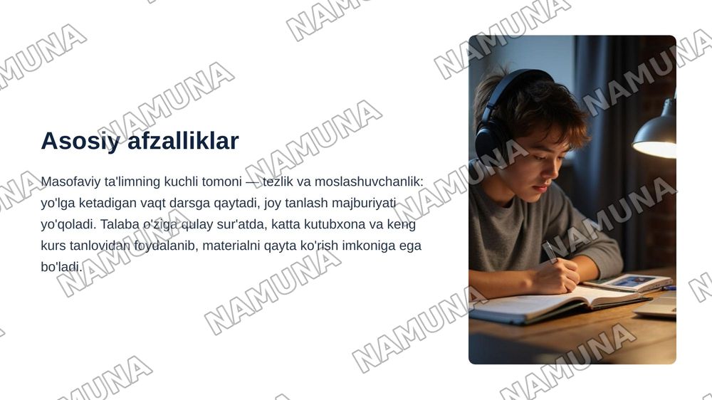 Masofaviy taʼlim imkoniyatlari, afzalliklari va elektron darsliklar — zamonaviy taqdimot, 5-slayd
