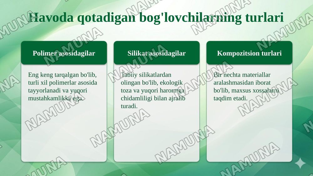 Havoda qotadigan bog‘lovchi materiallar. — taqdimot, 5-slayd