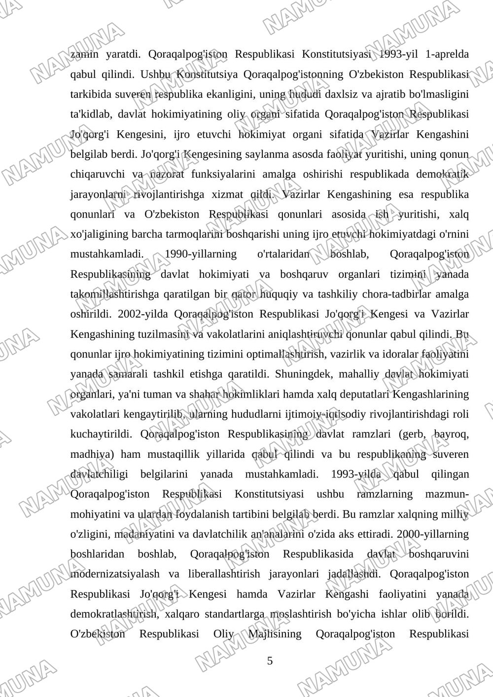 Mustaqillik yillarida Qoraqalpog'iston Respublikasi davlatchiligi taraqqiyoti — referat, 5-varaq