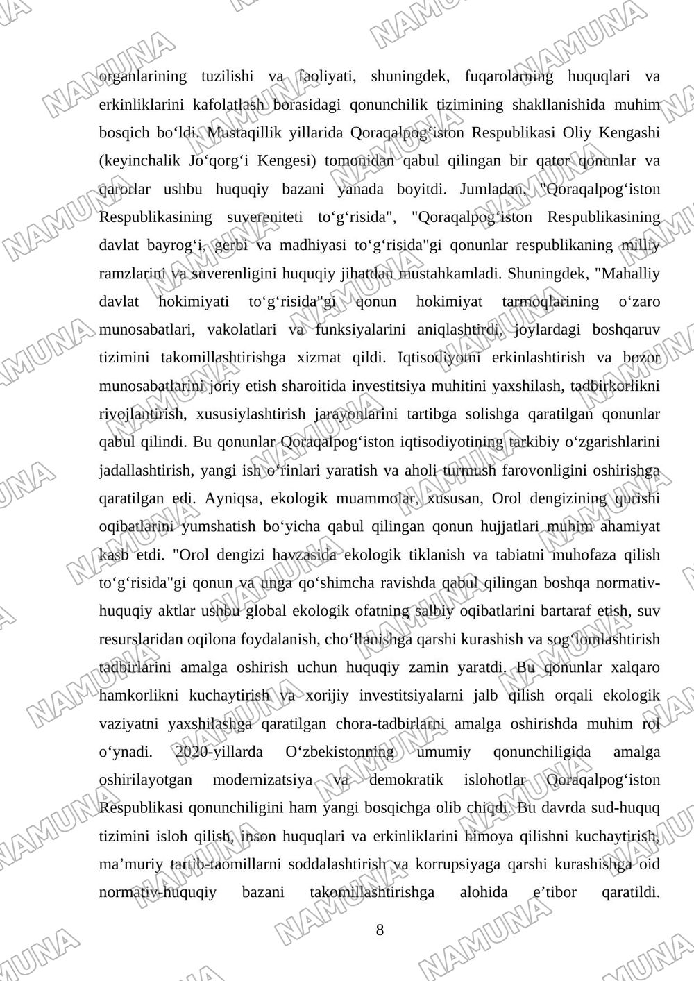 Mustaqillik yillarida Qoraqalpog'iston Respublikasi davlatchiligi taraqqiyoti — referat, 8-varaq