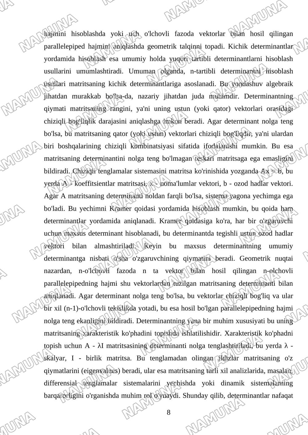 Determinantni xisoblash usullari — mustaqil ish, 8-varaq
