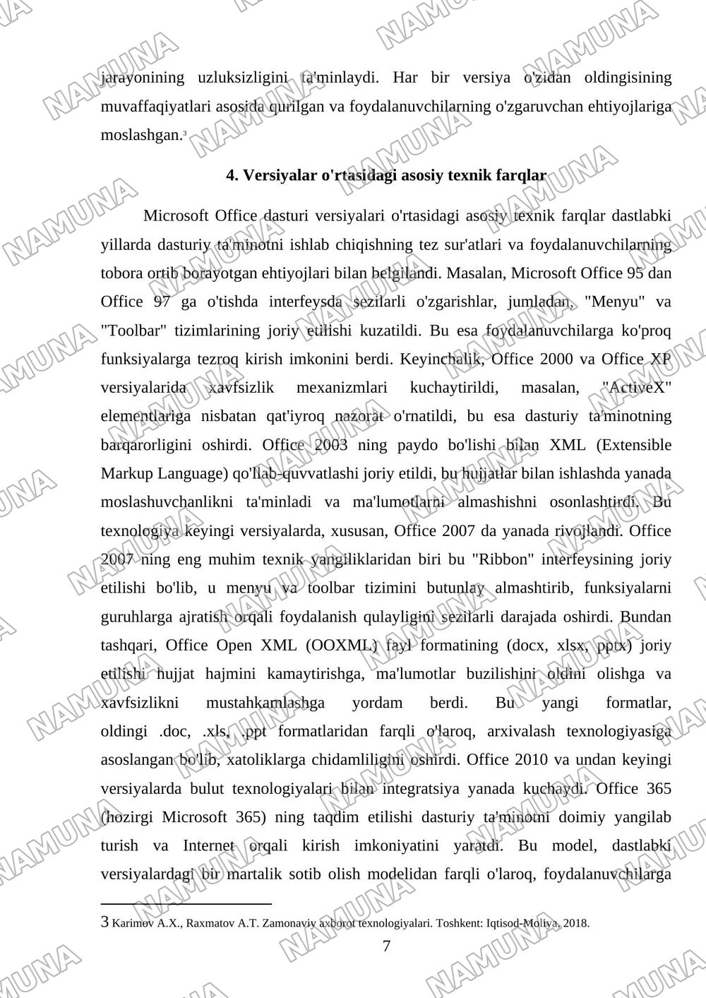 Microsoft Office dasturi versiyalari va ularning farqlari. — mustaqil ish, 7-varaq