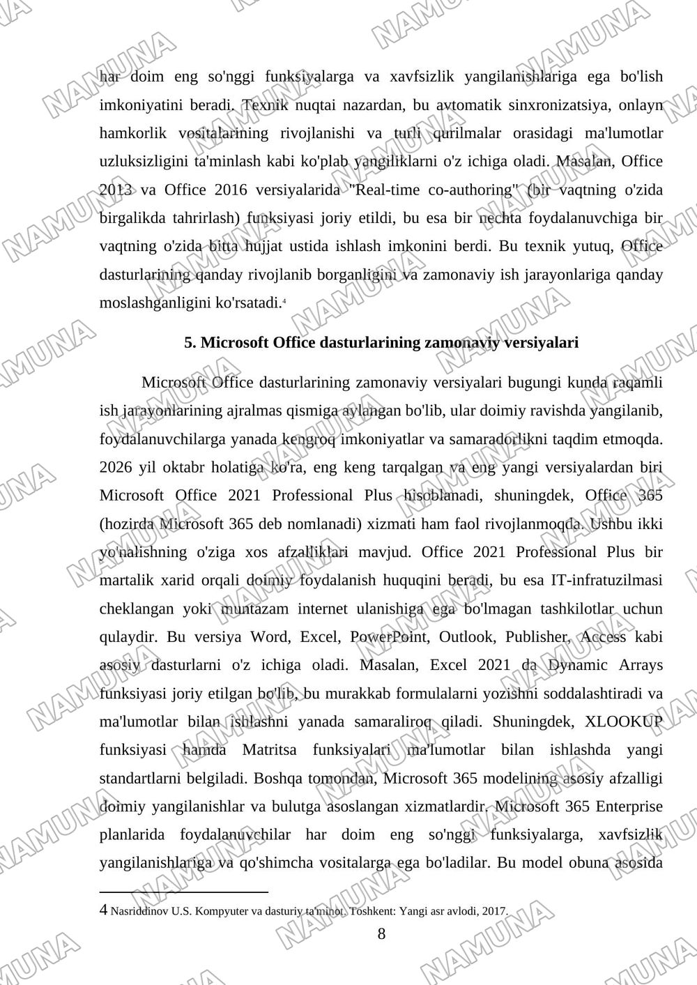 Microsoft Office dasturi versiyalari va ularning farqlari. — mustaqil ish, 8-varaq