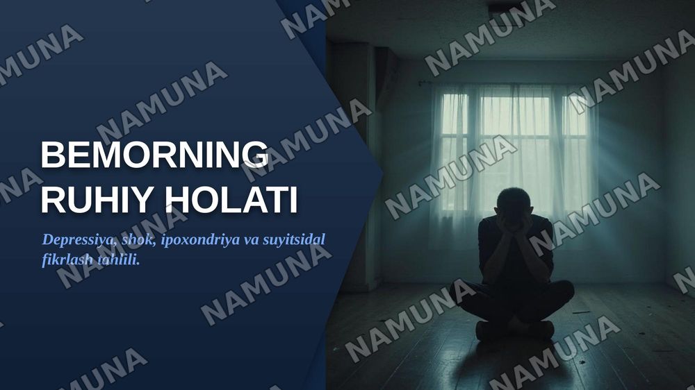 Bemorning ruhiy holati " depressiya shok choʻchish ipoxondirya oʻzini ayibdor his qilish suyitsidal fikrlash" — zamonaviy taqdimot, 1-slayd