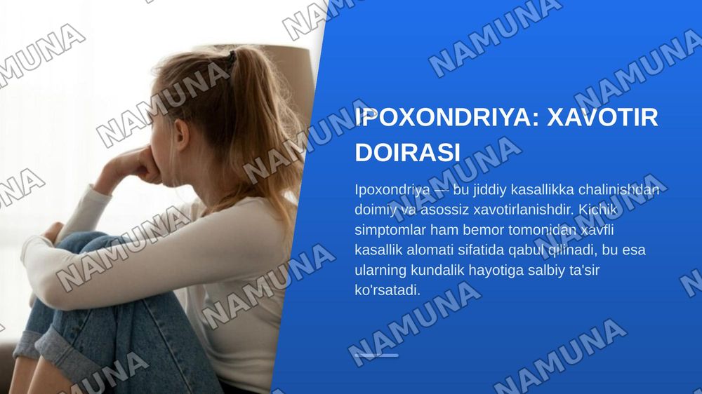 Bemorning ruhiy holati " depressiya shok choʻchish ipoxondirya oʻzini ayibdor his qilish suyitsidal fikrlash" — zamonaviy taqdimot, 6-slayd