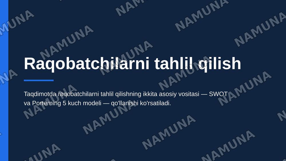 Raqobatchilarni tahlil qilish:Swot va porter 5 kuch modellarini qoʻllash — zamonaviy taqdimot, 1-slayd