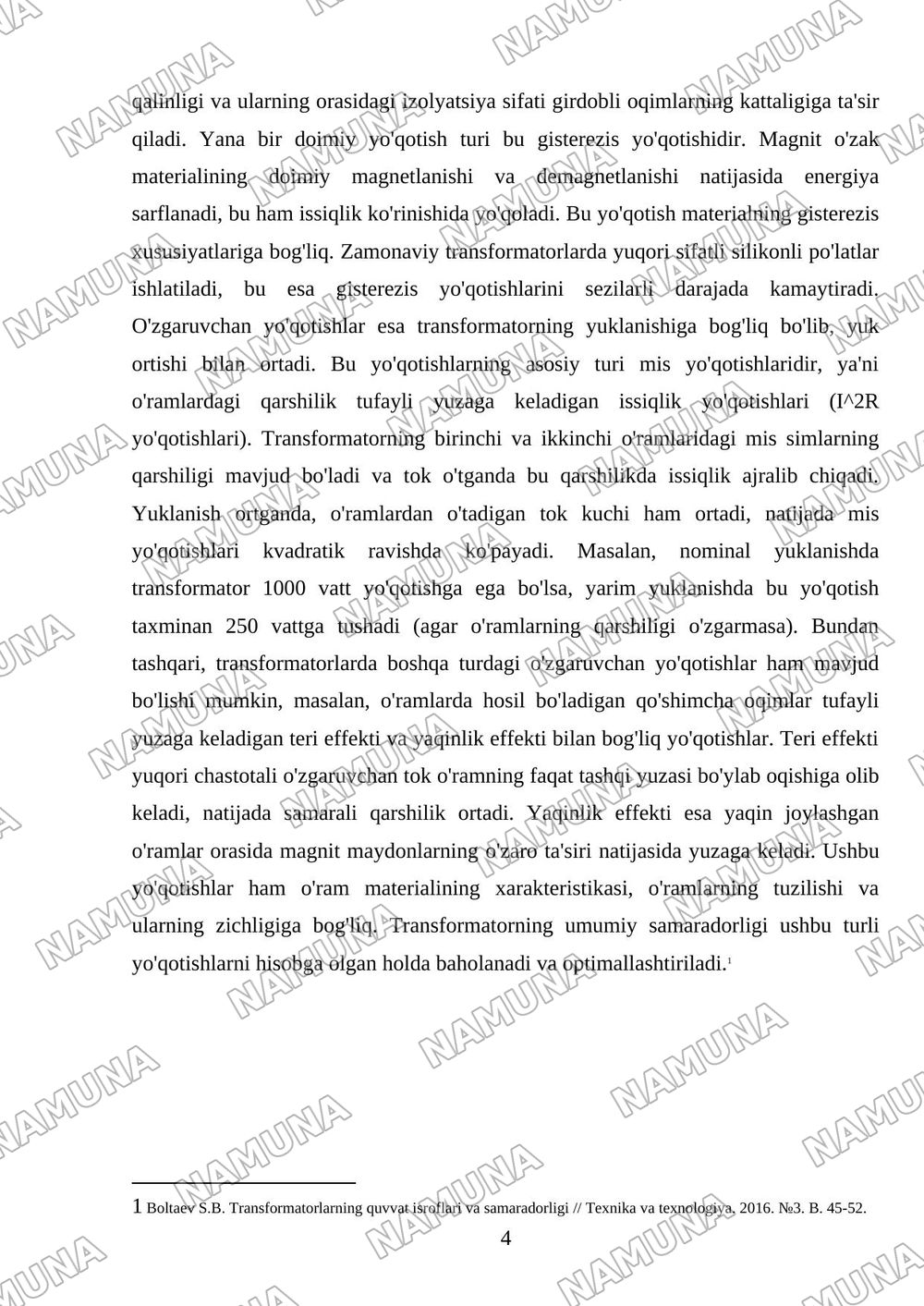 Transformatorlarda quvvat isroflari va foydali ish koeffitsienti tahlili — mustaqil ish, 4-varaq