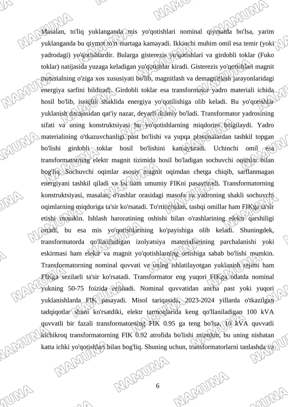 Transformatorlarda quvvat isroflari va foydali ish koeffitsienti tahlili — mustaqil ish, 6-varaq