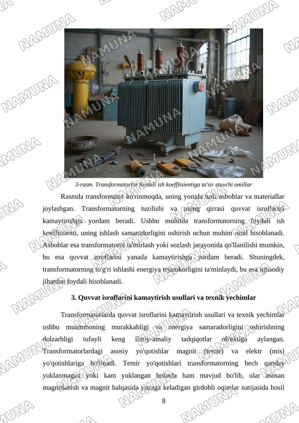 Transformatorlarda quvvat isroflari va foydali ish koeffitsienti tahlili — mustaqil ish, 8-varaq