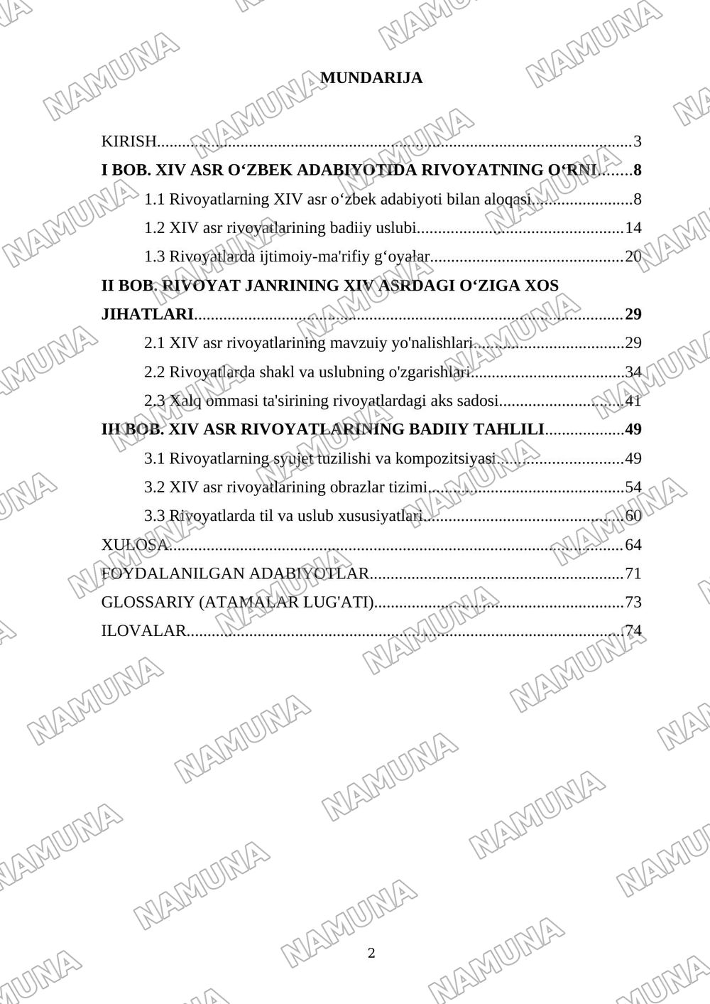 XIV asr o‘zbek adabiyotida rivoyat janrining xususiyatlari — dissertatsiya, 2-varaq