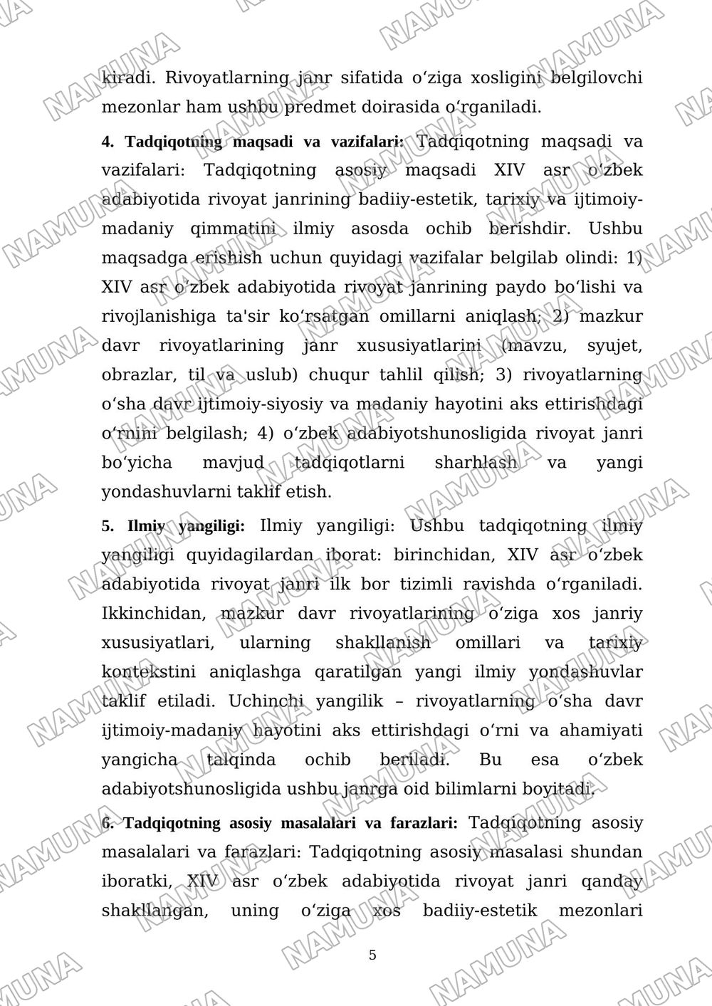 XIV asr o‘zbek adabiyotida rivoyat janrining xususiyatlari — dissertatsiya, 5-varaq