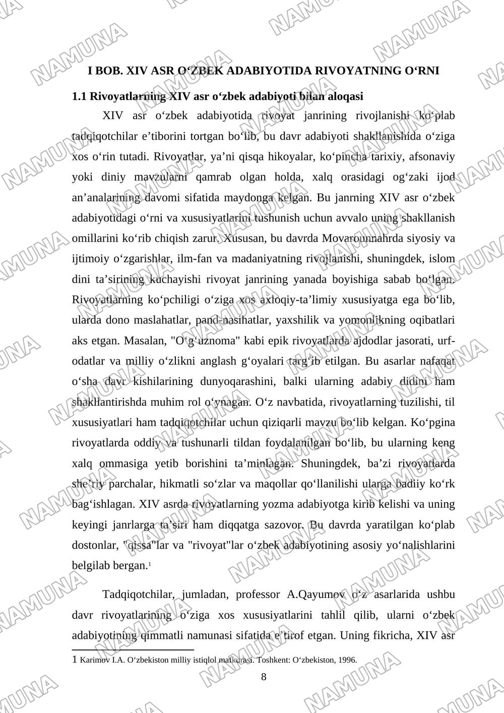 XIV asr o‘zbek adabiyotida rivoyat janrining xususiyatlari — dissertatsiya, 8-varaq