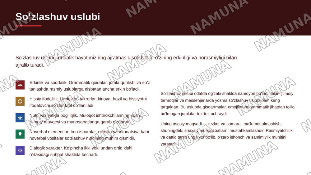 Badiiy soʻzlashuv rasmiy ilmiy ommabop nutq uslublarini tavsiflash — zamonaviy taqdimot, 6-slayd