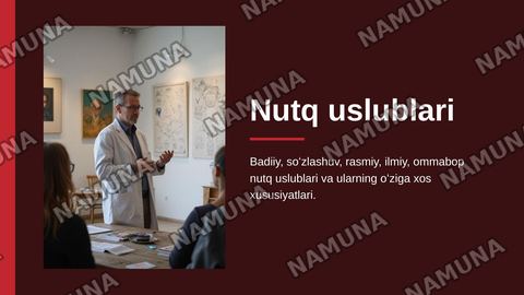 Badiiy soʻzlashuv rasmiy ilmiy ommabop nutq uslublarini tavsiflash — zamonaviy taqdimot