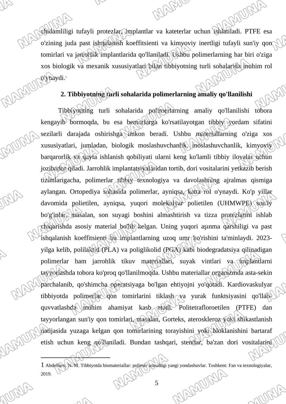 Pollimer materiallarining tibbiyotda qollanilishi — mustaqil ish, 5-varaq
