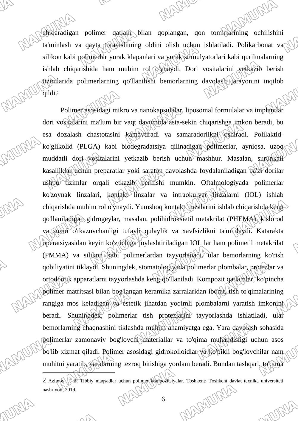 Pollimer materiallarining tibbiyotda qollanilishi — mustaqil ish, 6-varaq