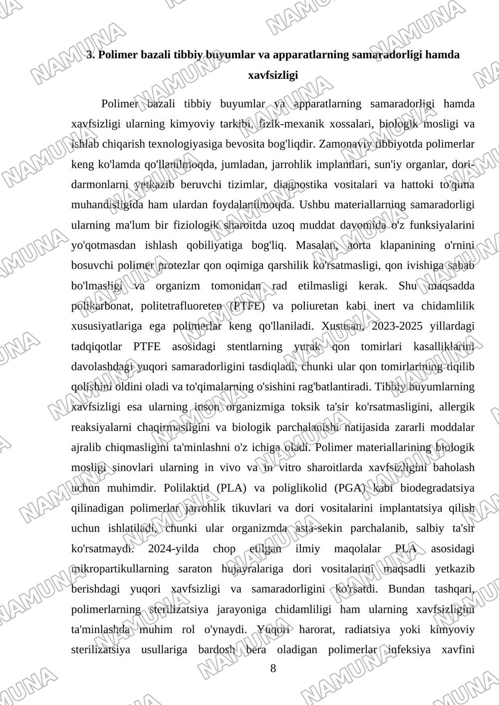 Pollimer materiallarining tibbiyotda qollanilishi — mustaqil ish, 8-varaq
