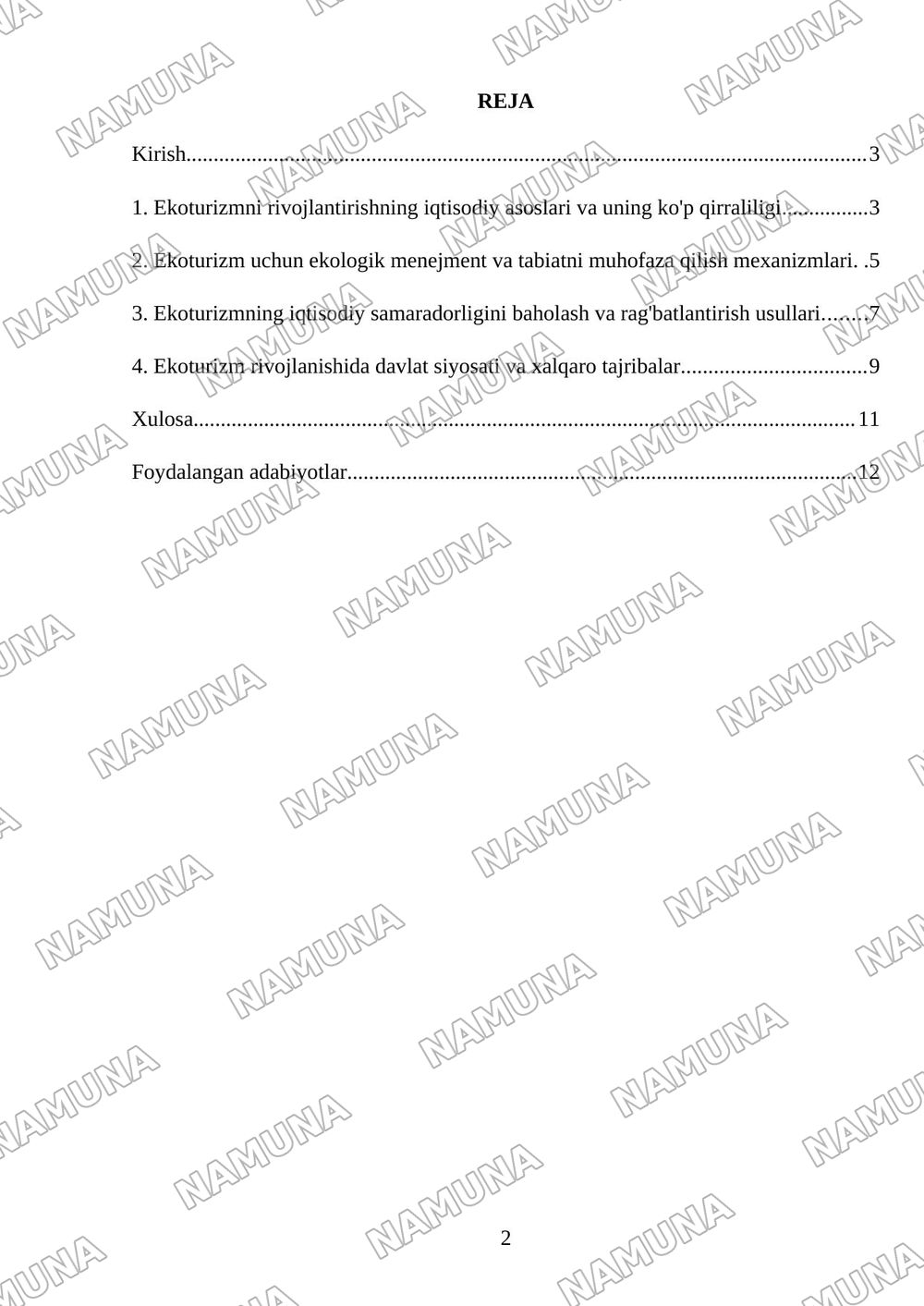 Ekoturizmni rivojlantirishning ekologik va iqtisodiy mexanizmlari — mustaqil ish, 2-varaq