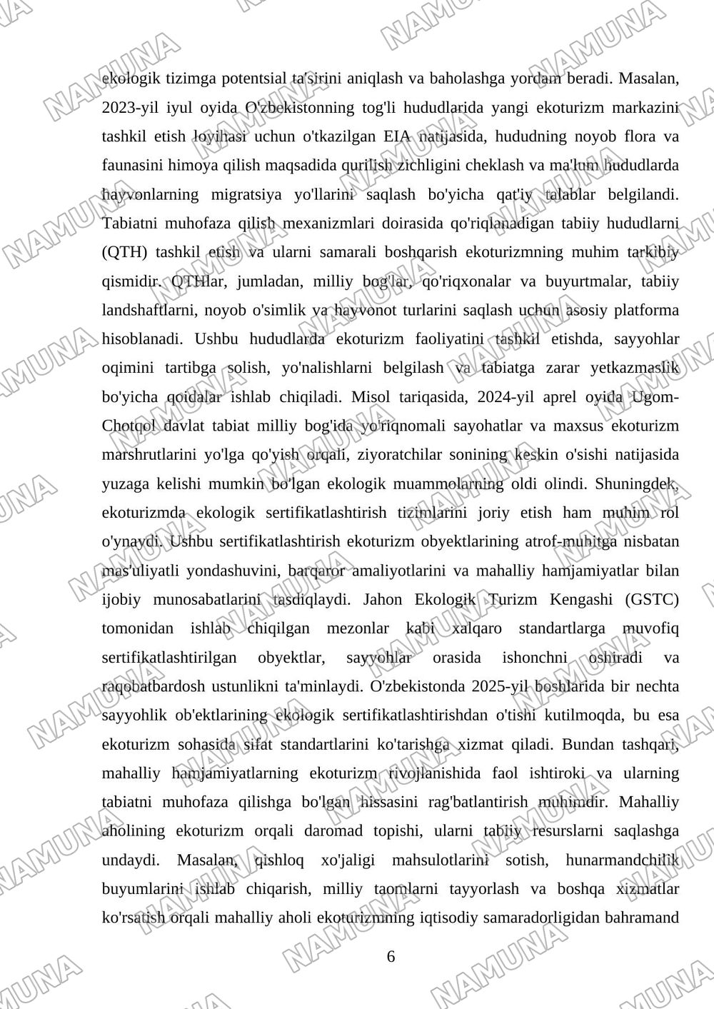 Ekoturizmni rivojlantirishning ekologik va iqtisodiy mexanizmlari — mustaqil ish, 6-varaq