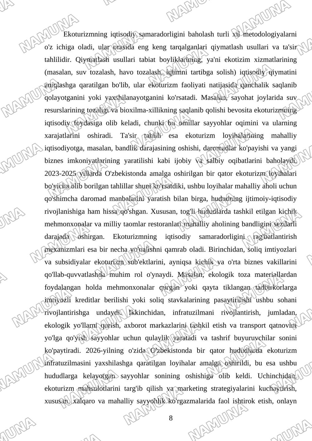 Ekoturizmni rivojlantirishning ekologik va iqtisodiy mexanizmlari — mustaqil ish, 8-varaq