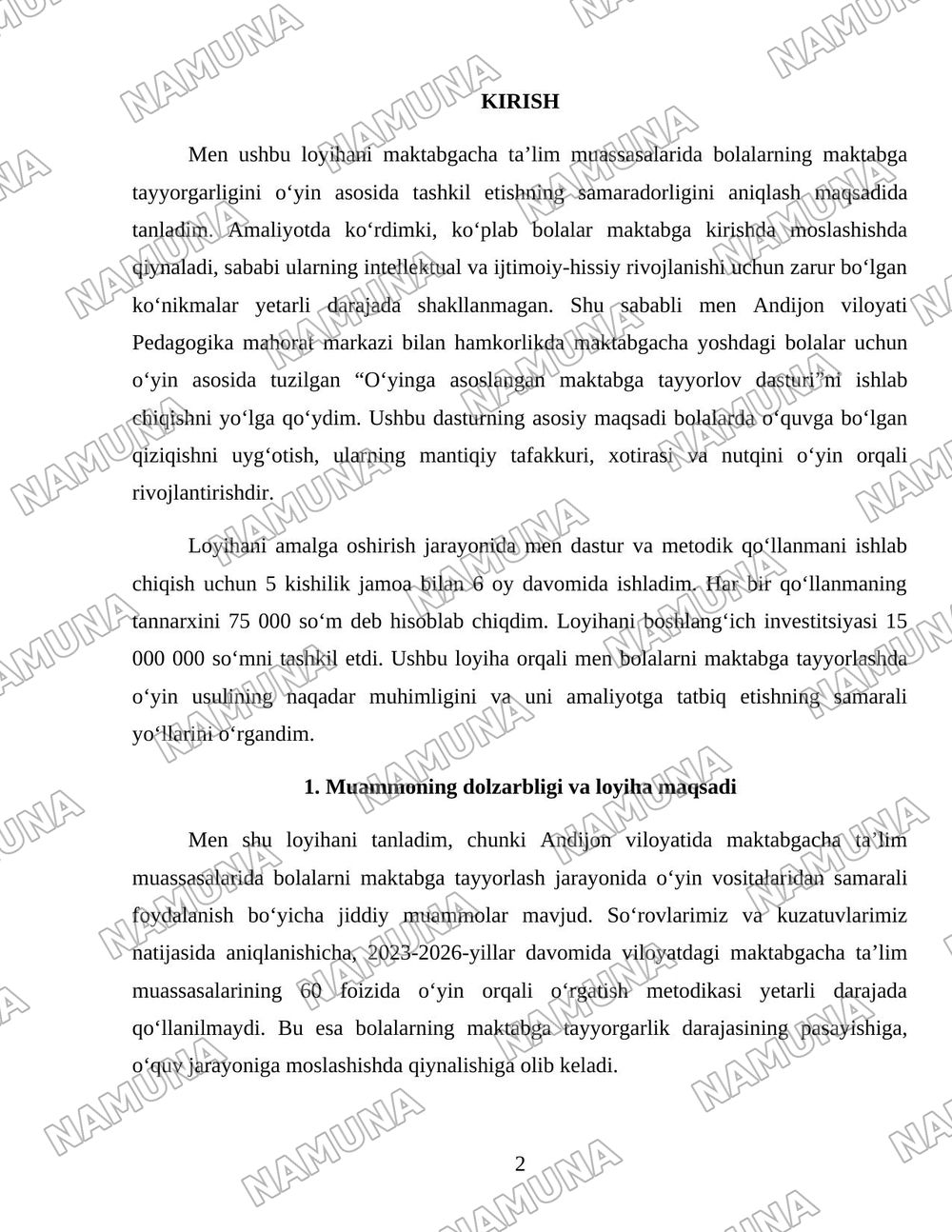 Oʻyinga asoslangan taʼlim orqali bolalarni maktab taʼlimiga tayyorlash — loyiha ishi, 2-varaq