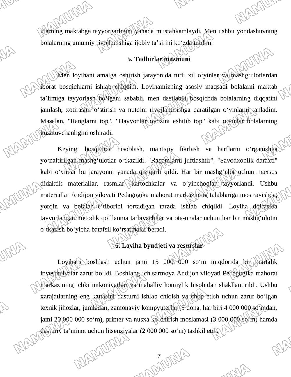 Oʻyinga asoslangan taʼlim orqali bolalarni maktab taʼlimiga tayyorlash — loyiha ishi, 7-varaq