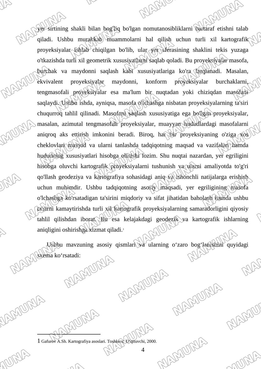 Mavzu: Masofa oʼlchashga yer egriligini tasiri.Kartografik proeksiyalar toʼgʼrisida qisqacha maʼlumot. Tavsiya etilgan adabiyotlar: Tuxtamishev sh.sh Meliyev B.A Mirzayev A.A 'Geodeziya' 1-2- qism oʼ — mustaqil ish, 4-varaq