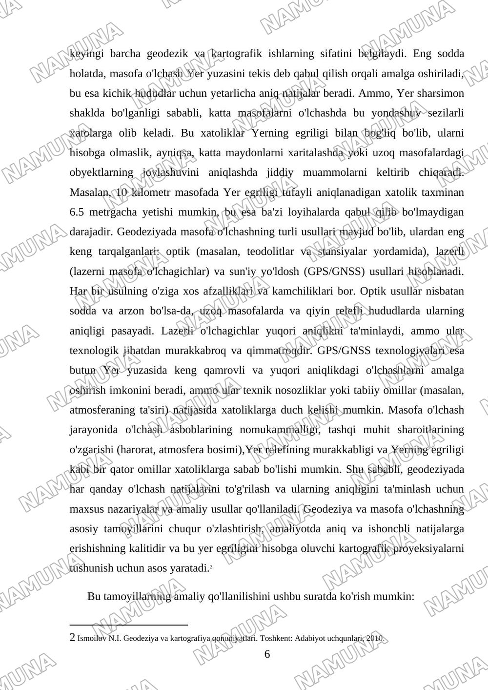 Mavzu: Masofa oʼlchashga yer egriligini tasiri.Kartografik proeksiyalar toʼgʼrisida qisqacha maʼlumot. Tavsiya etilgan adabiyotlar: Tuxtamishev sh.sh Meliyev B.A Mirzayev A.A 'Geodeziya' 1-2- qism oʼ — mustaqil ish, 6-varaq