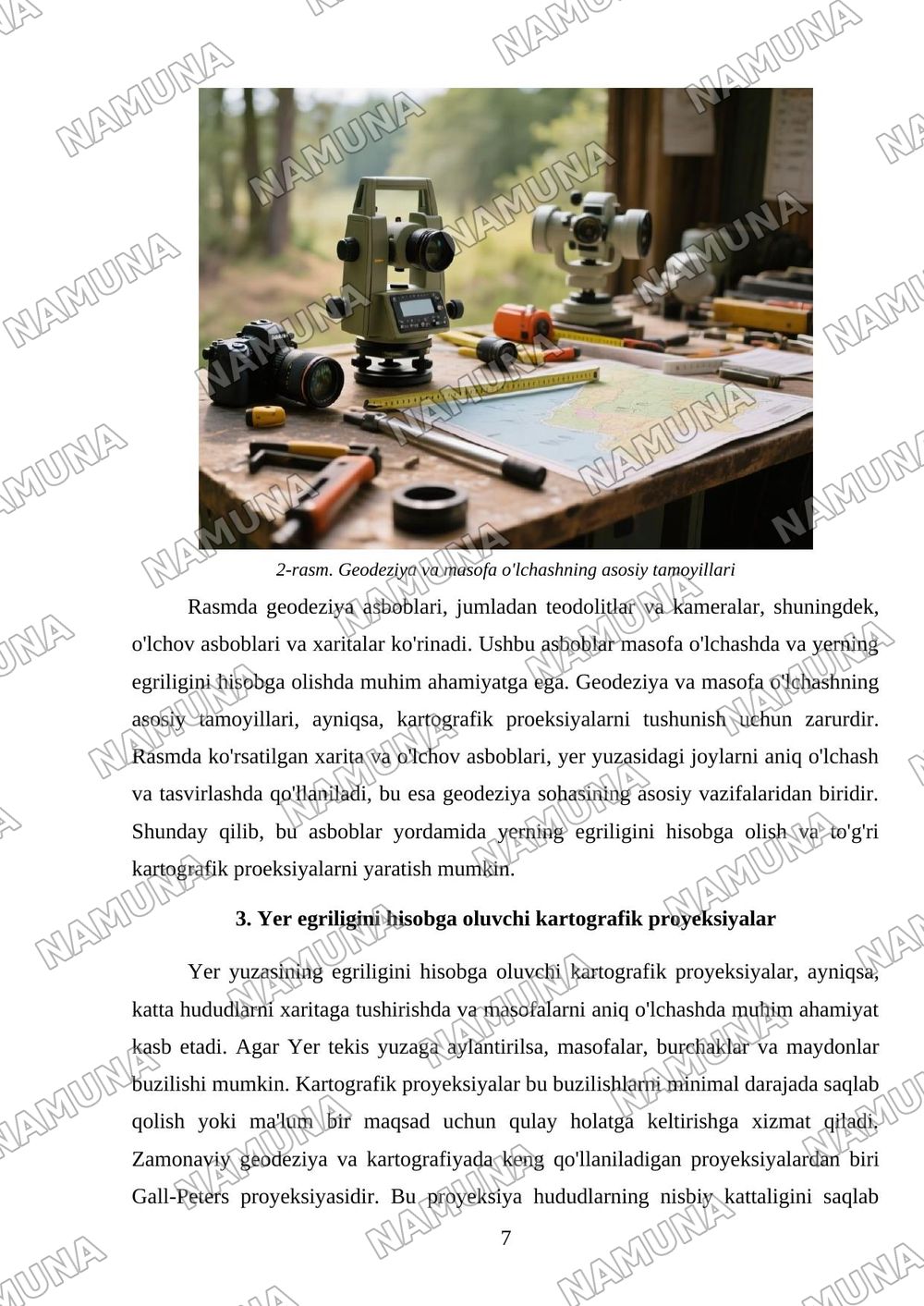 Mavzu: Masofa oʼlchashga yer egriligini tasiri.Kartografik proeksiyalar toʼgʼrisida qisqacha maʼlumot. Tavsiya etilgan adabiyotlar: Tuxtamishev sh.sh Meliyev B.A Mirzayev A.A 'Geodeziya' 1-2- qism oʼ — mustaqil ish, 7-varaq