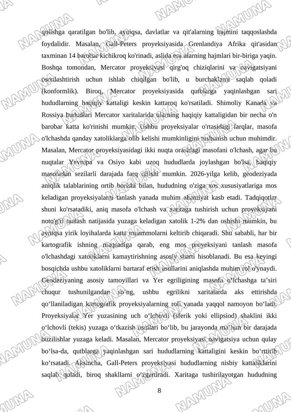 Mavzu: Masofa oʼlchashga yer egriligini tasiri.Kartografik proeksiyalar toʼgʼrisida qisqacha maʼlumot. Tavsiya etilgan adabiyotlar: Tuxtamishev sh.sh Meliyev B.A Mirzayev A.A 'Geodeziya' 1-2- qism oʼ — mustaqil ish, 8-varaq