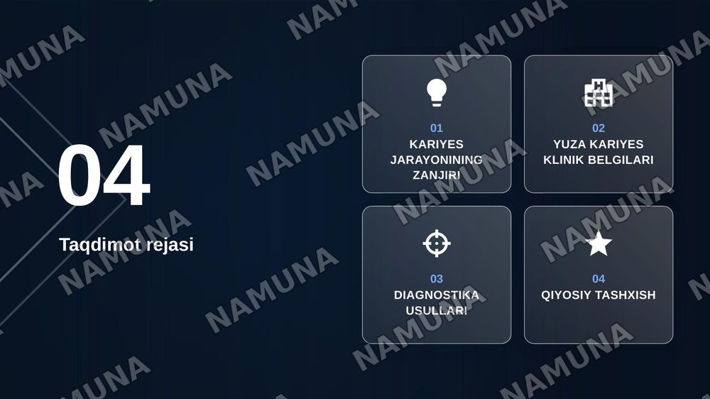 Yuza kariyes.
1.Yuza  kariesni etiologiyasi, patogenezi, klinikasi, diagnostika va davolash usullari. Yuza kariesni qiyosiy tashxislash.
2 — zamonaviy taqdimot, 2-slayd