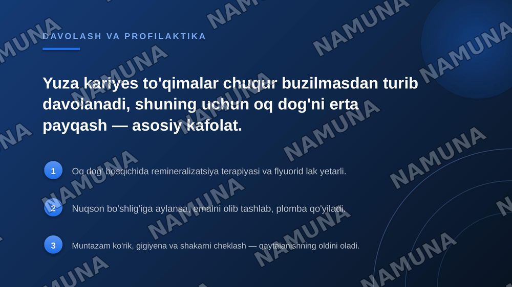 Yuza kariyes.
1.Yuza  kariesni etiologiyasi, patogenezi, klinikasi, diagnostika va davolash usullari. Yuza kariesni qiyosiy tashxislash.
2 — zamonaviy taqdimot, 7-slayd