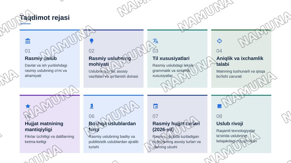 Rasmiy uslub va uning asosiy xususiyatlari. Rasmiy uslubning haqida tushuncha. Rasmiy uslubning til xususiyatlari. Aniqlik va ixchamlik talabi. Qoliplashgan iboralarning qoʻllanilishi. Hujjat matnining mantiqiyligi. Rasmiy uslubning boshqa uslublardan farqi — zamonaviy taqdimot, 2-slayd