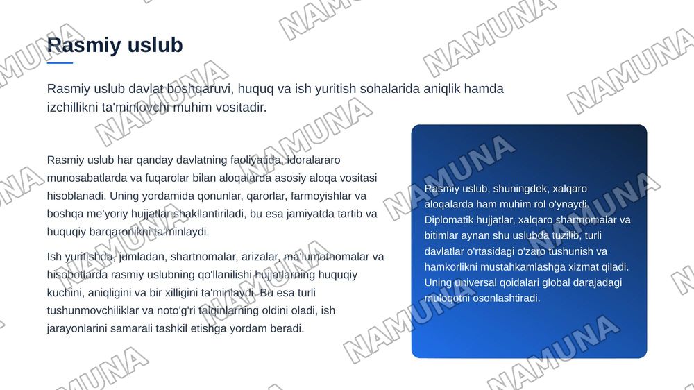 Rasmiy uslub va uning asosiy xususiyatlari. Rasmiy uslubning haqida tushuncha. Rasmiy uslubning til xususiyatlari. Aniqlik va ixchamlik talabi. Qoliplashgan iboralarning qoʻllanilishi. Hujjat matnining mantiqiyligi. Rasmiy uslubning boshqa uslublardan farqi — zamonaviy taqdimot, 3-slayd