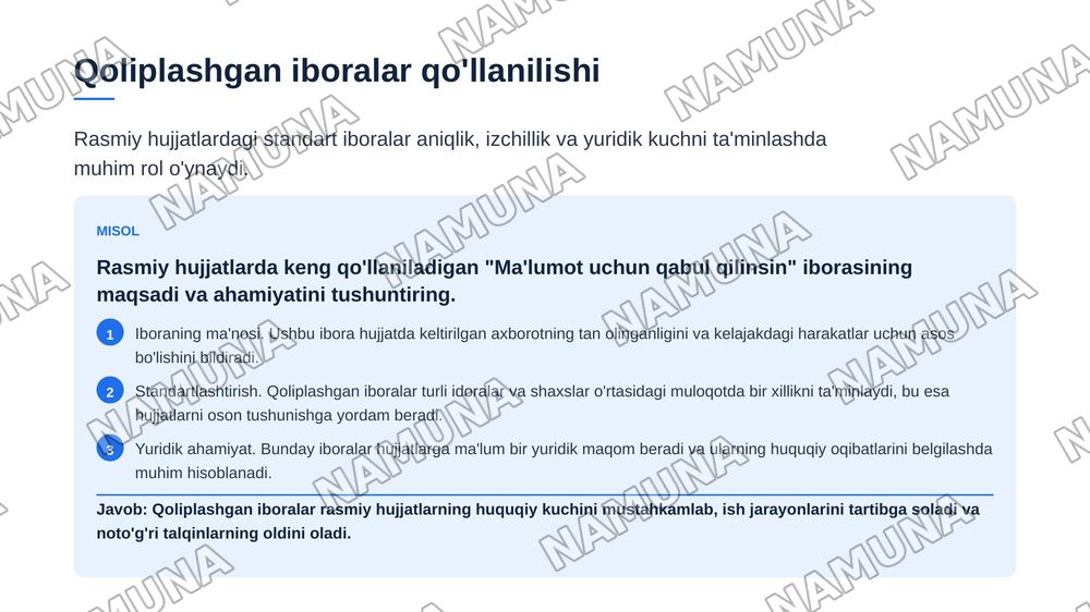Rasmiy uslub va uning asosiy xususiyatlari. Rasmiy uslubning haqida tushuncha. Rasmiy uslubning til xususiyatlari. Aniqlik va ixchamlik talabi. Qoliplashgan iboralarning qoʻllanilishi. Hujjat matnining mantiqiyligi. Rasmiy uslubning boshqa uslublardan farqi — zamonaviy taqdimot, 7-slayd