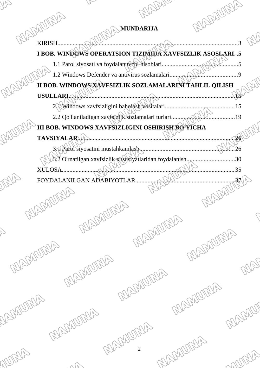 Windows operatsion tizimida xavfsizlik sozlamalarini tahlil qilish. — kurs ishi, 2-varaq