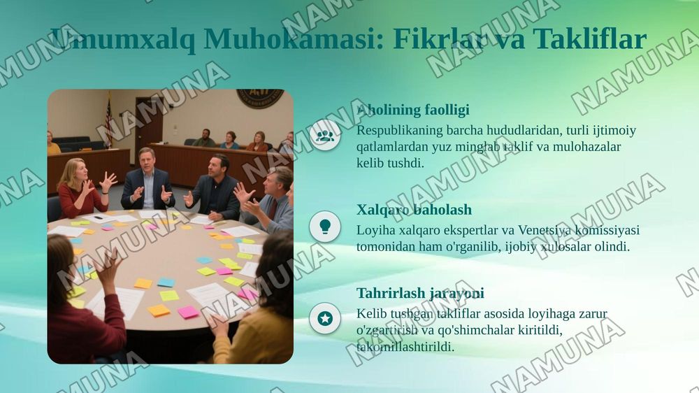 Konstitutsiyaning yaratilishiga boʻlgan zarurat.Konstitutsiya loyihasining umumxalq muhokamasi va uning qabul qilinishi.Konstitutsiyaning tuzilishi. — taqdimot, 6-slayd